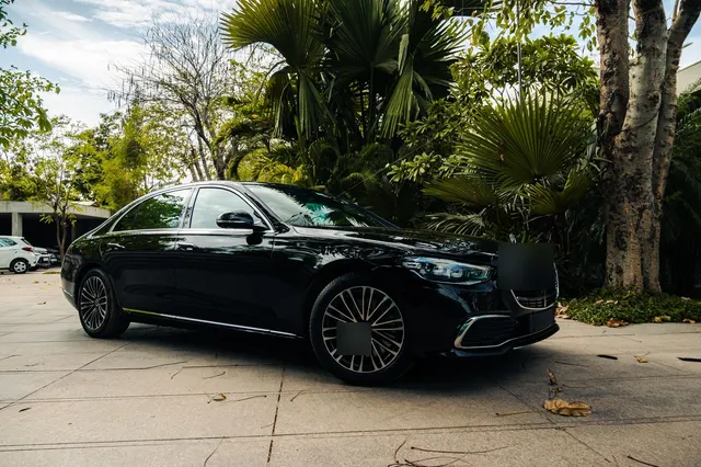 Siyah premium sedan, palmiyeler arasında